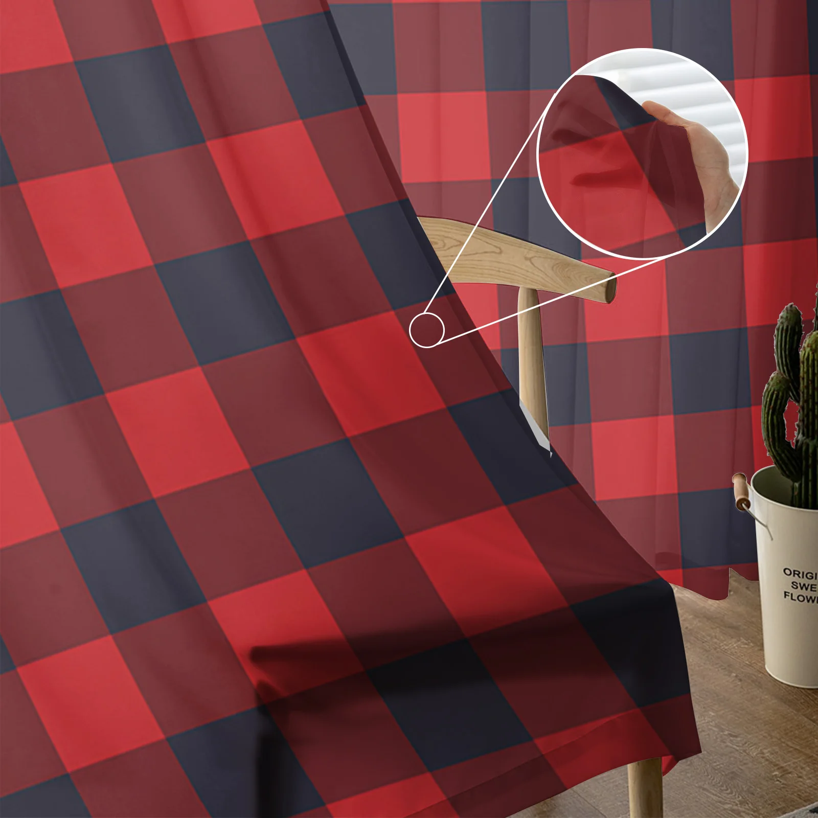 Прозрачные шторы в клетку красную и черную с рисунком буйвола для гостиной