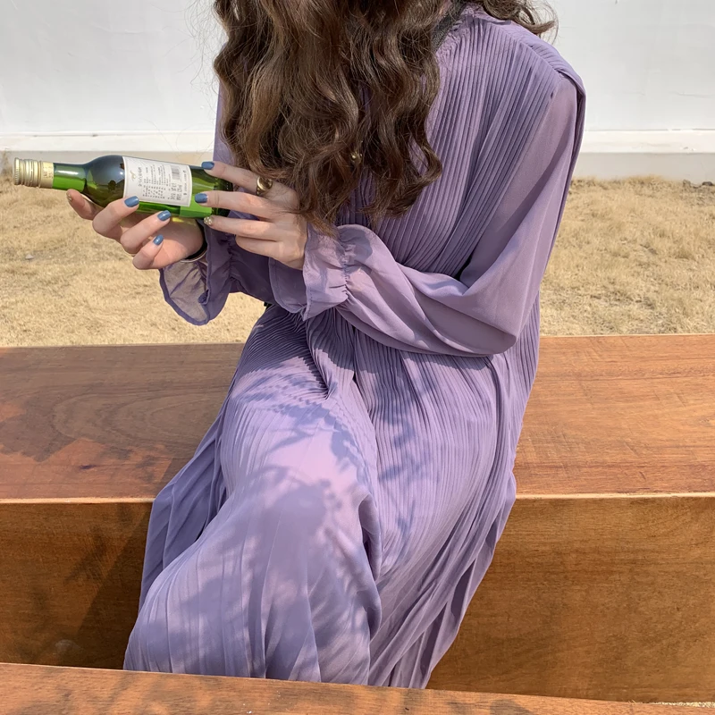 

2021 Chiffon Woman Dresses Pleated Loose 2021 Spring Fashion Ins Elegant Purple Vestidos Loose Solid New Robes Femme Long Dress