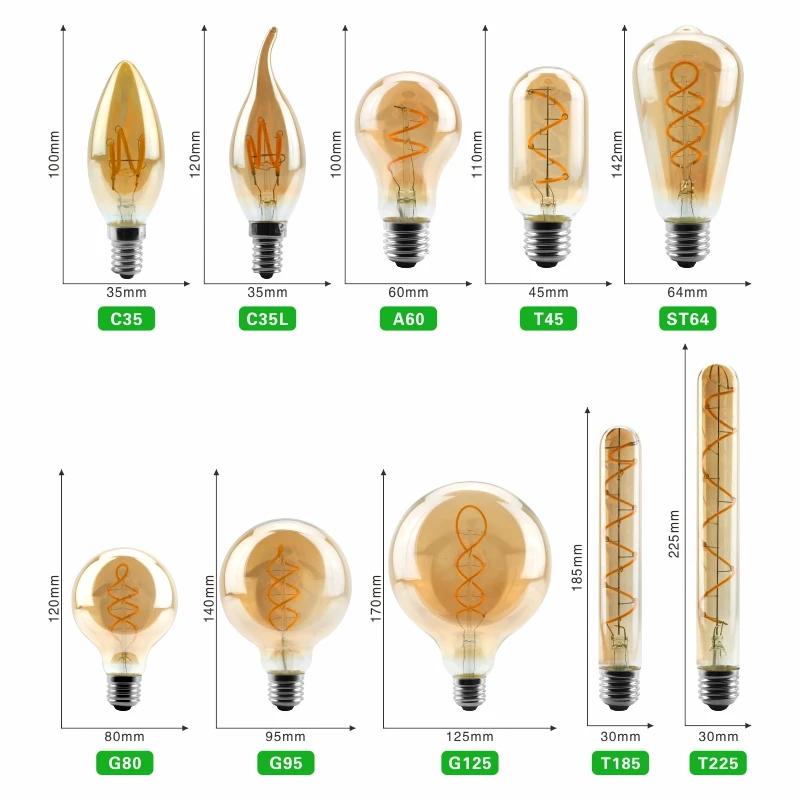 T45 ST64 G80 G95 G125 T225 Spiral Light LED Filament Bulb 4W 2200K Retro Vintage Lamps Decorative Lighting Dimmable Edison Lamp