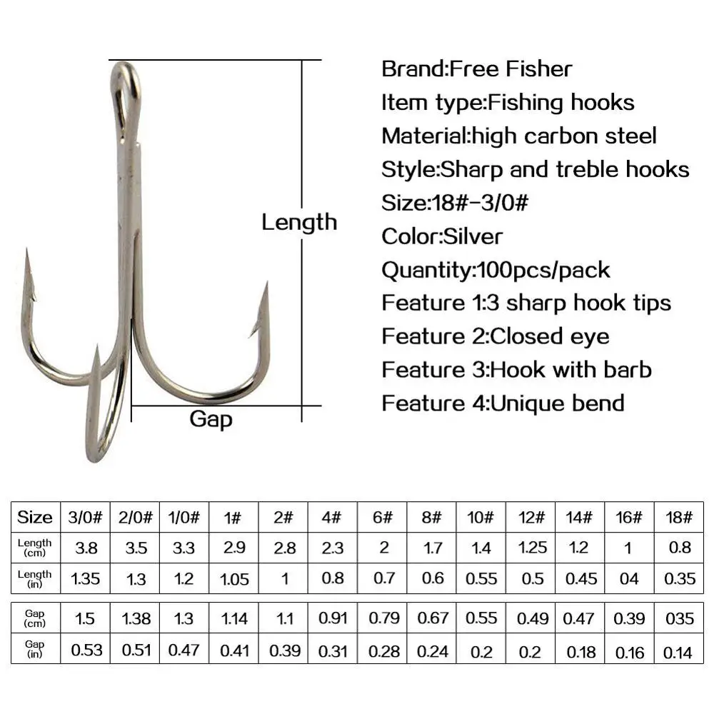 Тройные рыболовные крючки Free Fisher 100 шт./лот из высокоуглеродистой стали тройные 1 #
