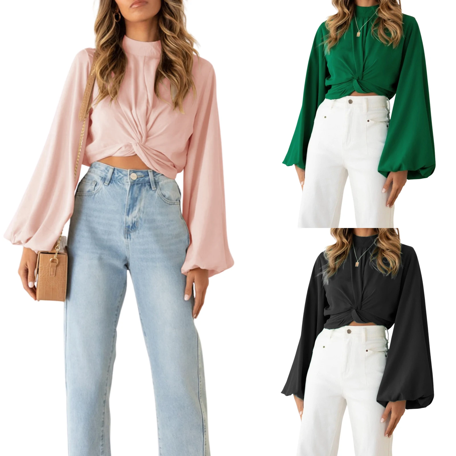 

Блузка женская однотонная с круглым вырезом и длинным рукавом, S/M/L/XL