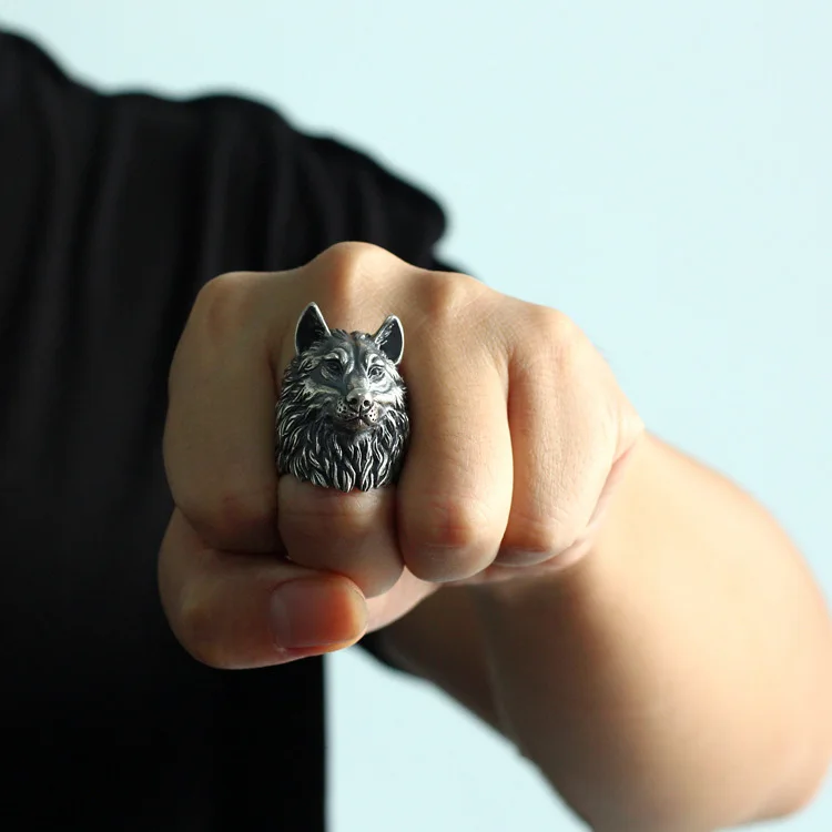 

Wolf King 925 Sterling Silver color Ring Handmade Wolf Totem Toughhan Locomotive Punk Domineering Wolf Head Silver color Ring