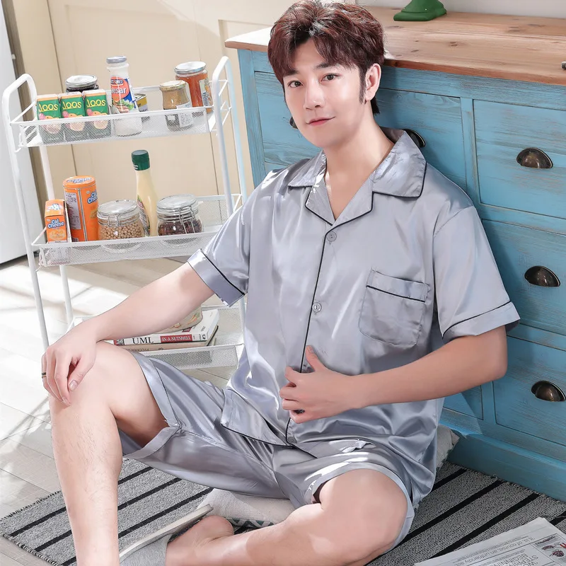 

New European Version Sleepwear Plus Size Pajama Sets Men's Summer Short-sleeved Shorts Household Solid Pyjamas Suits