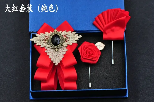 3pcs Bow Tie Set Элегантный мужской и женский деловой Галстук Свадебная вечеринка сплав броши галстук-бабочка Набор Полосатый носовой платок Карманный квадратный ленточка с бантиками - Цвет: 3pcs Bow Tie Set