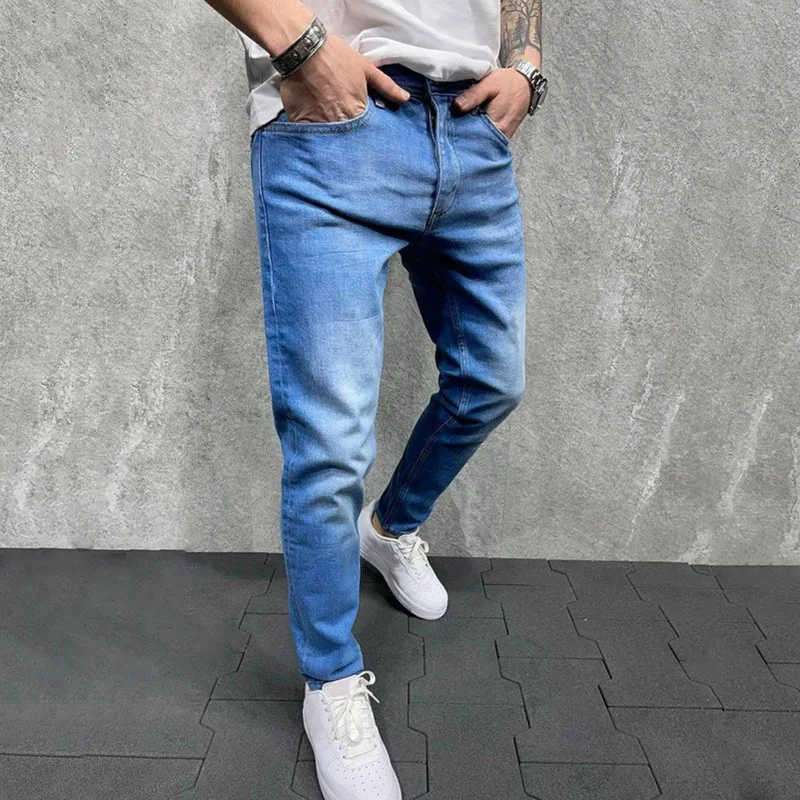 Mens Skinny Ripped Jeans Slim Patchwork Blue Denim Pants Pencil Pants Street Hip-hop Denim Trousers Fashion Boyfriend Jeans