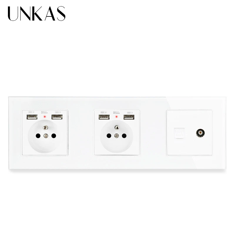 Двойная французская стандартная розетка со стеклянной панелью UNKAS с 4 USB портами