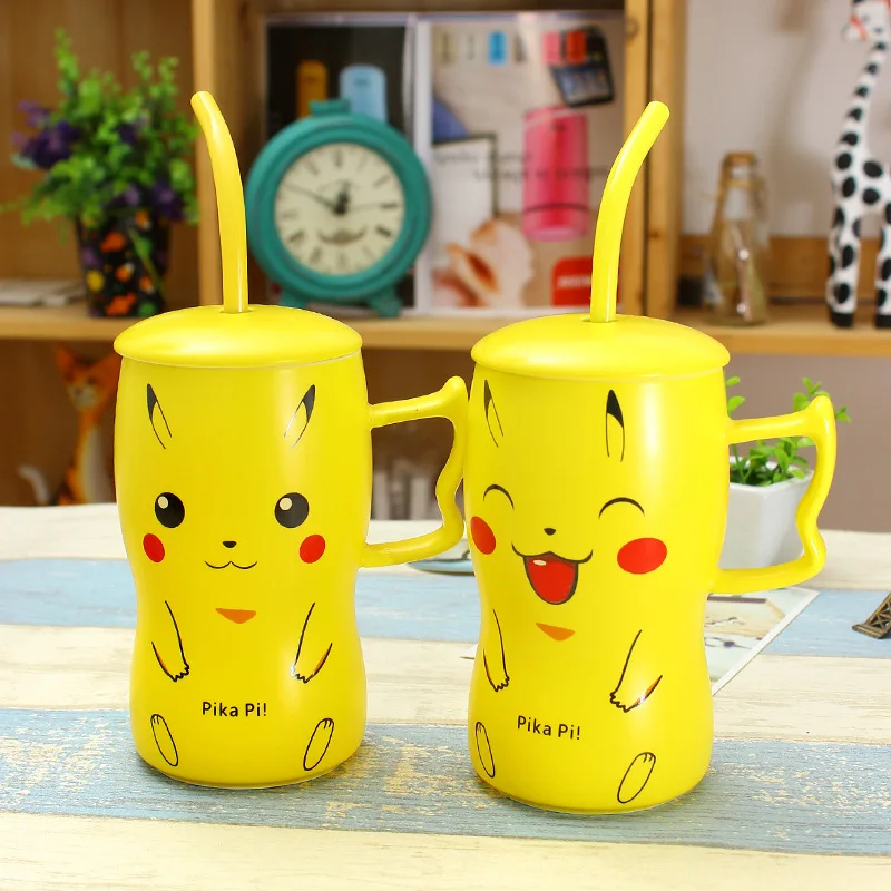 Мультяшная керамическая чашка для чая с соломинкой и крышкой милая пика аниме