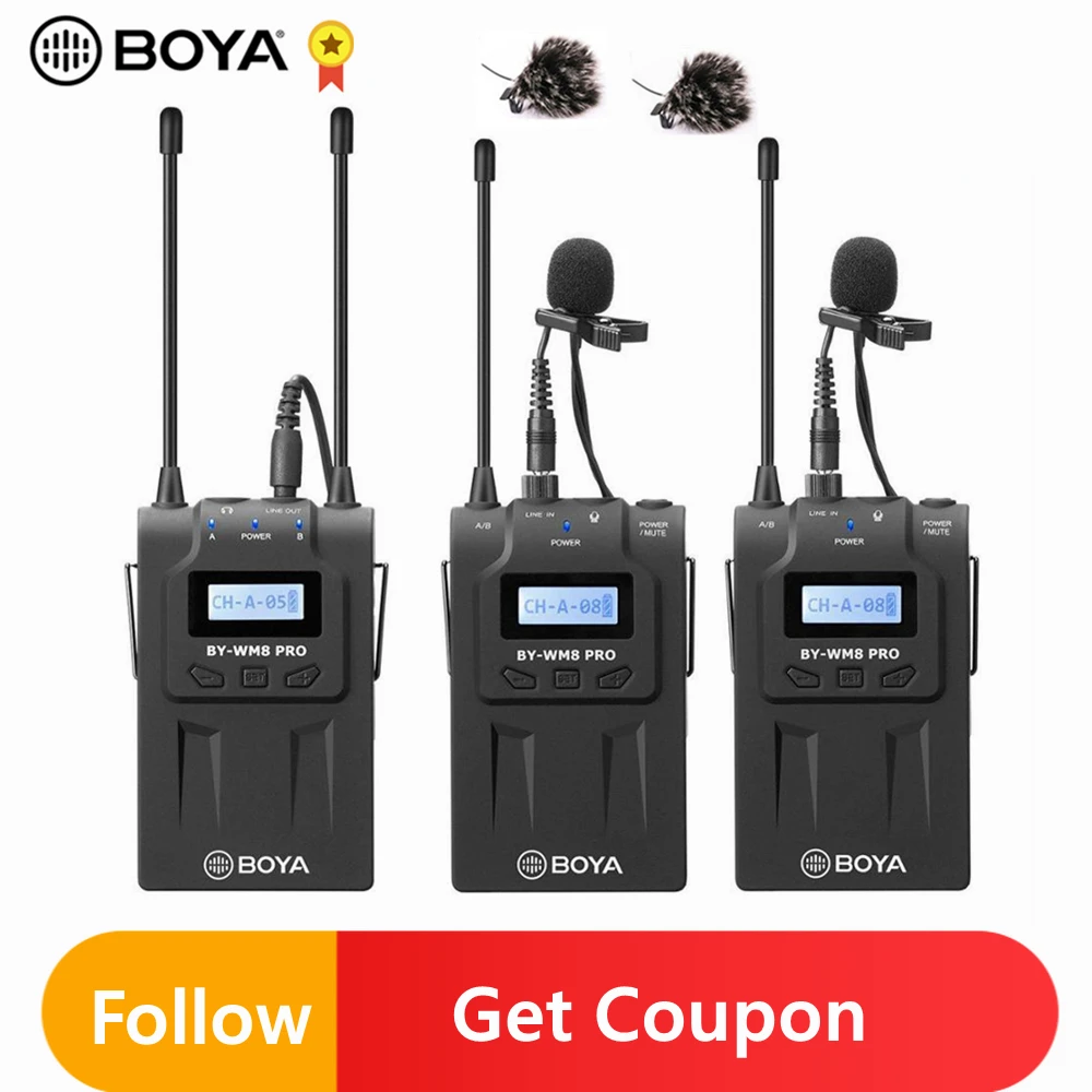 

BOYA BY-WM8 Pro UHF Dual-Channel Wireless Microphone System Interview Receiver Transmitter for iPhone Canon Nikon DSLR Camera