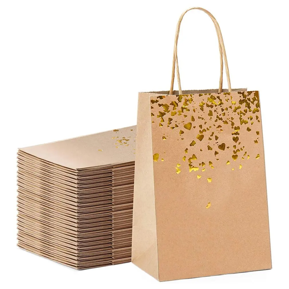 Hot New 10pcs Gift Bag Kraft Paper Bag With Handle Recyclable Yellow Leather Love Handbag Birthday Wedding Christmas Celebration