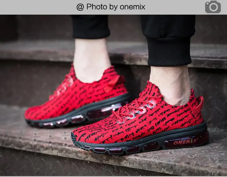 ONEMIX Men Trainers Running Shoes Breathable Mesh Red Graffiti Fashion Walking Sneakers Air Cushion Slip on Fitness Sports Shoes