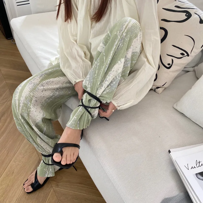 SHENGPALAE 2020 Summer New Rendered Color Stripe Pleated High Waist Was Thin Wide-leg Pants Trendy Women's Trousers QV1009 | Женская