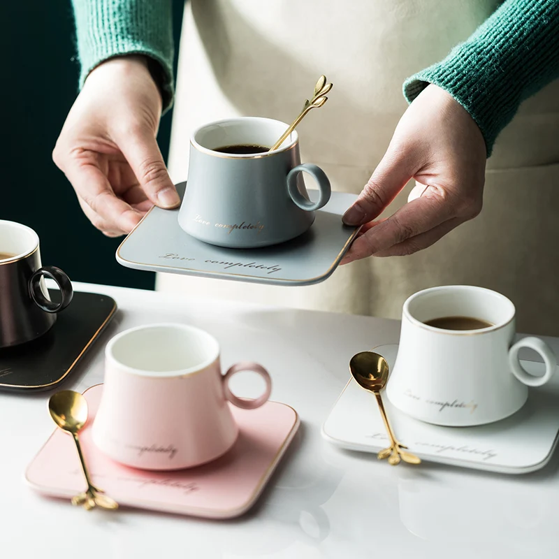 Nordic Coffee Tea Set With Square Sugar Saucer Stainless Steel Spoon Simple Breakfast Milk Mug 180ml