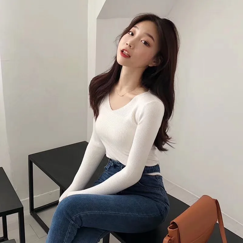 

Autumn Ladies Knitwear Sweater women Casual V-neck Skinny Sweater Jumpers Full Sleeve Slim Female Knitted Pullovers JK321