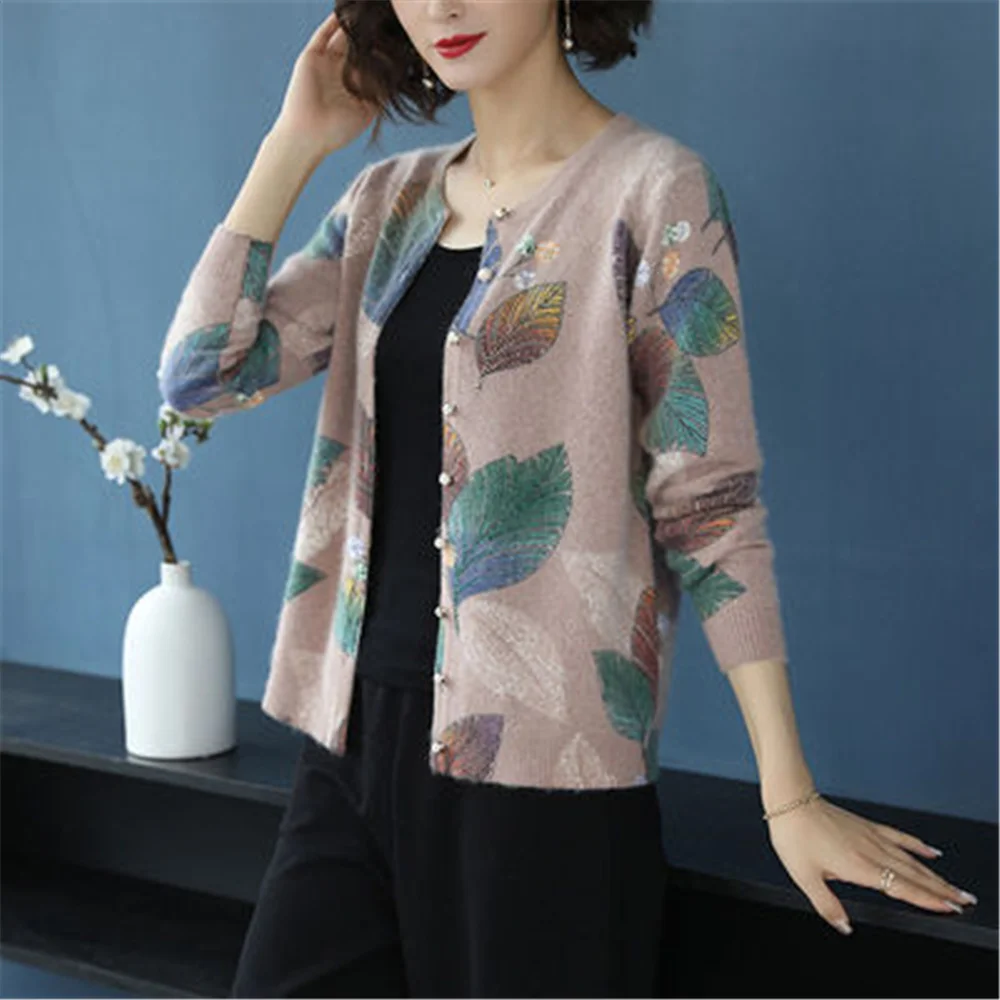 

Leaf Print Cardigan Sweater Women 2021Long Sleeve Knitted Elegant Single Button Fashion Clothing Sweaters Coats Female Y122