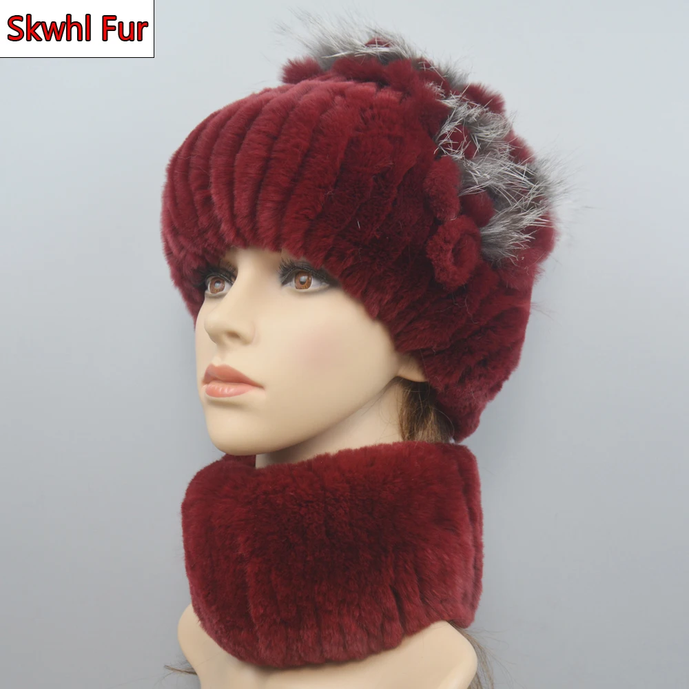 

New Style Ladies Real Rex Rabbit Fur Scarf Hat Set Winter Women Warm Natural Rex Rabbit Fur Muffler Cap Real Fur Scarves Hats