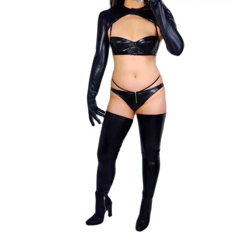 Faux Leather Leggings Boots Feet Pants Open Toe Simulation Leather PU Leather Black High Stretch 85cm VG19