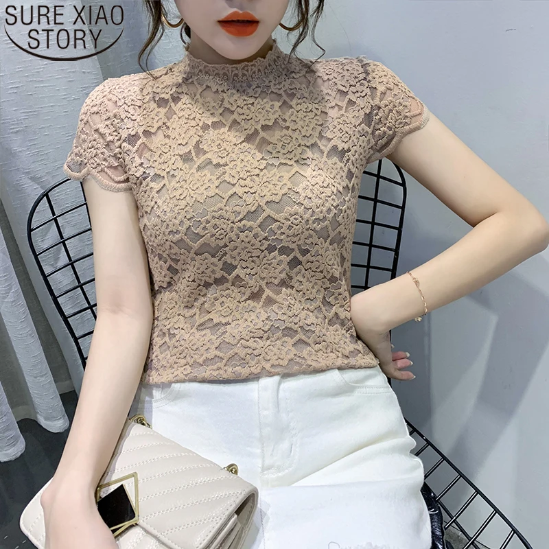 

Hollow Lace Blouse Bottoming Shirts Turtleneck Sexy Short Sleeve Womens Tops and Blouses Crochet Flower Hollow Out Blusas 10264