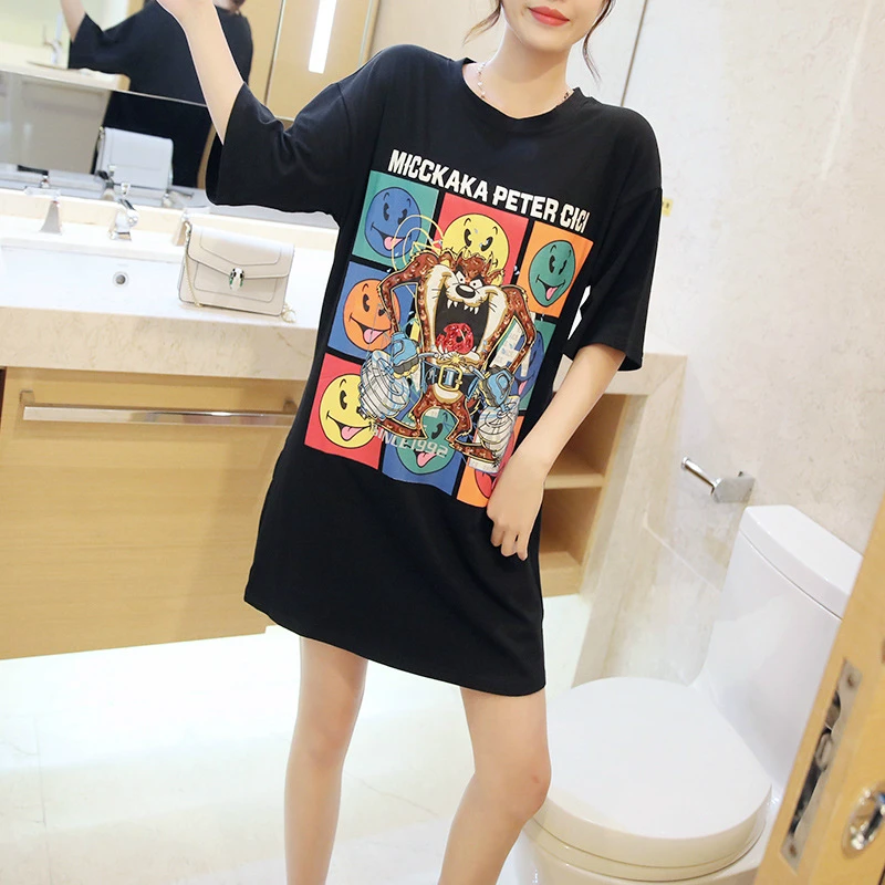 

M-XXL Plus Size White Black Shirt Feminina O-neck Print Cartoon Woman Long Tshirt Oversize Ins Korean Style Funny T-shirt Femme
