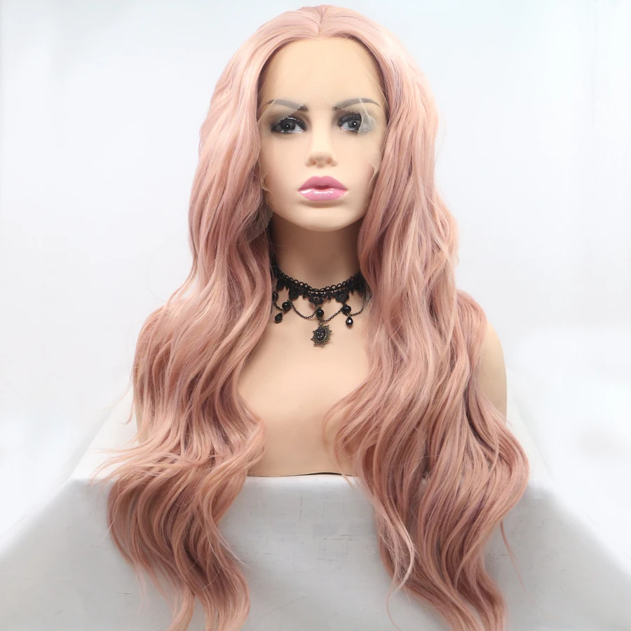

M&H Pink Color Long Hair Body Wave Synthetic Lace Front Wigs Natural Middle Part Hair Cosplay Lace Frontal Wigs For Black Women