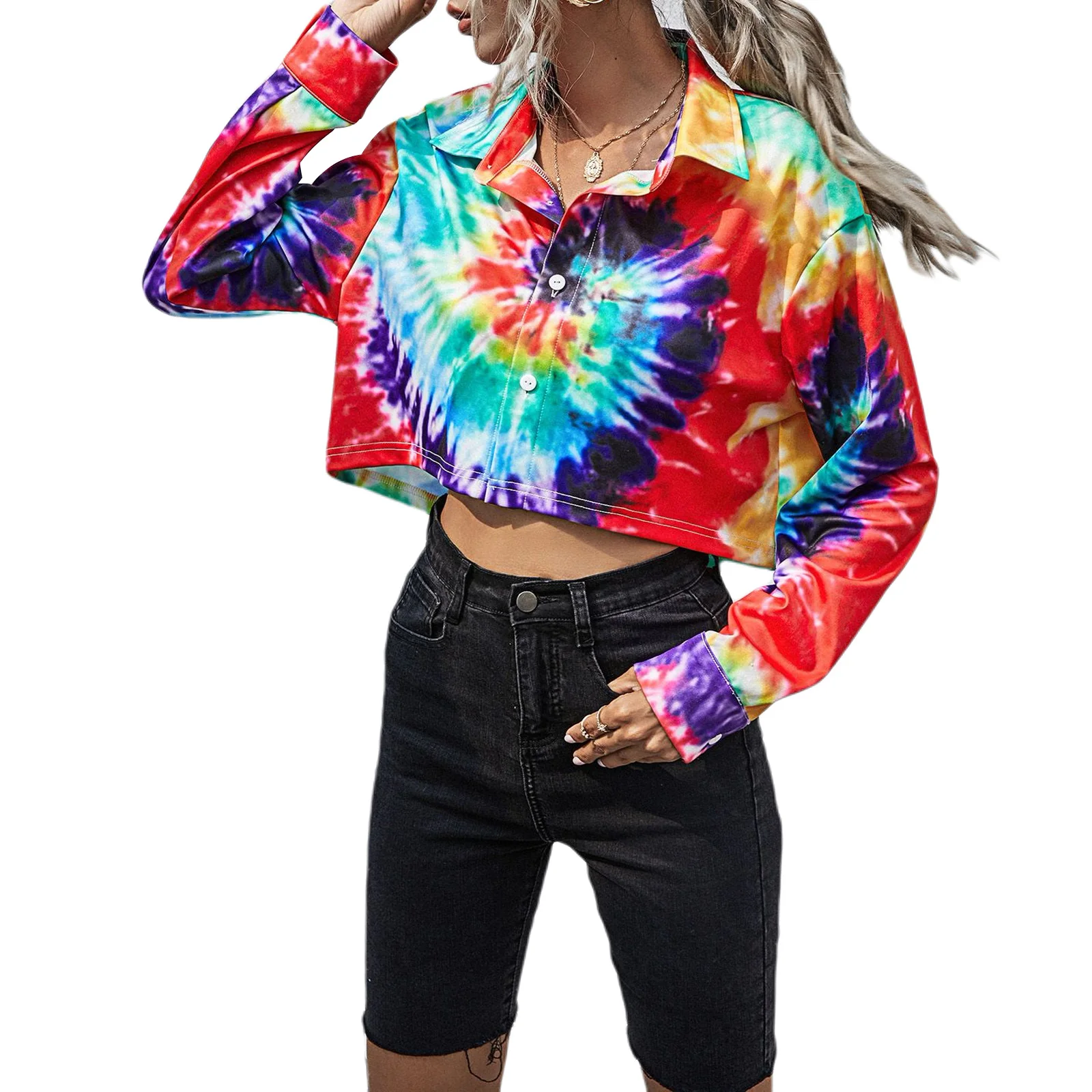 

Women Tie-dye Print Cardigan, Adults Casual Style Long Sleeve Lapel Collar Crop Top