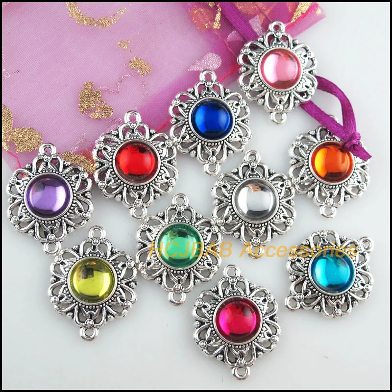 

10Pcs Tibetan Silver Tone Flower Mixed Acrylic Round Charms Connectors 21.5x28mm