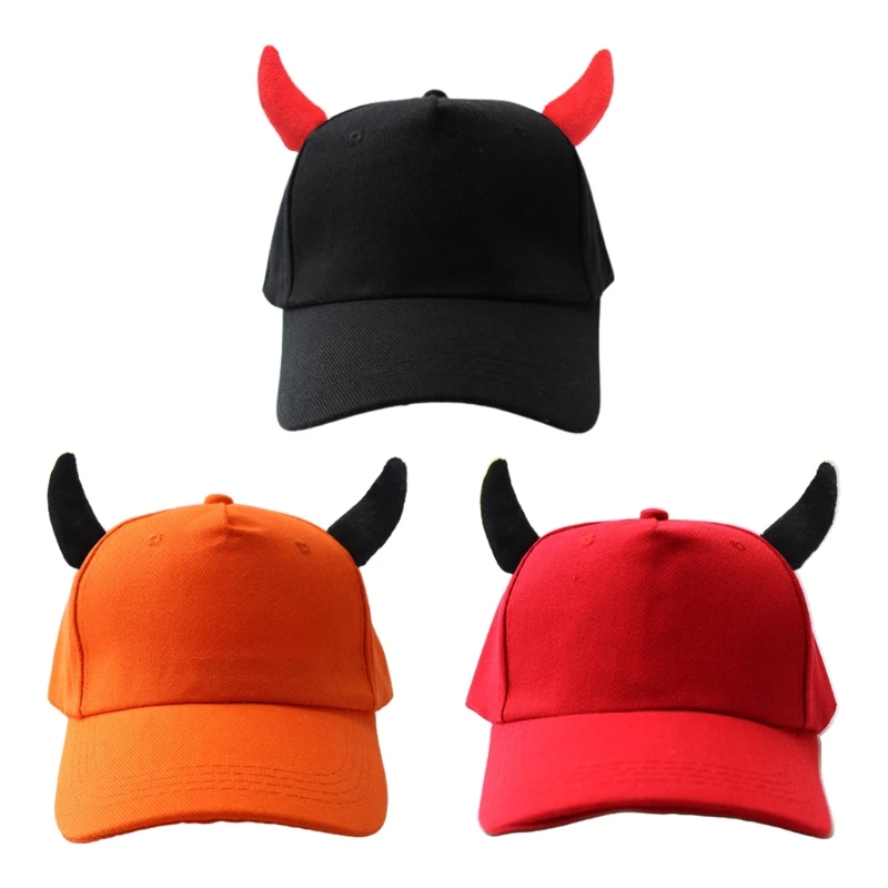 Women Men Novelty Funny Devil Ox Horn Baseball Cap Solid Color Sunscreen Halloween Holiday Party Snapback Trucker Hat