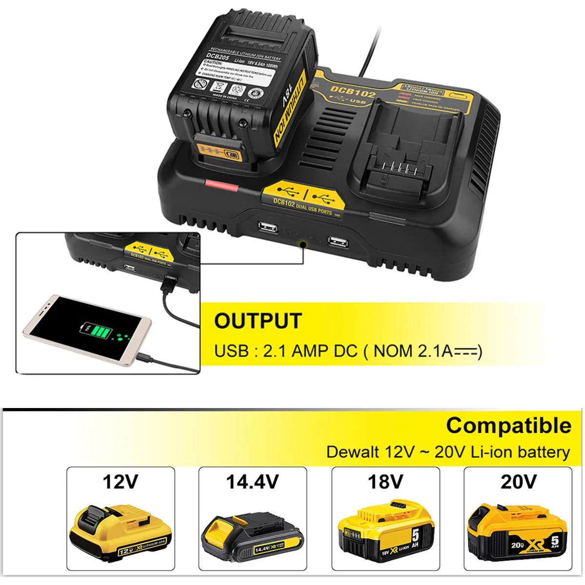 

DCB102 - USB DeWalt 10,8 V 12V 14,4 V 18V 20V DCB101 DCB200 DCB140 DCB118 DCB200