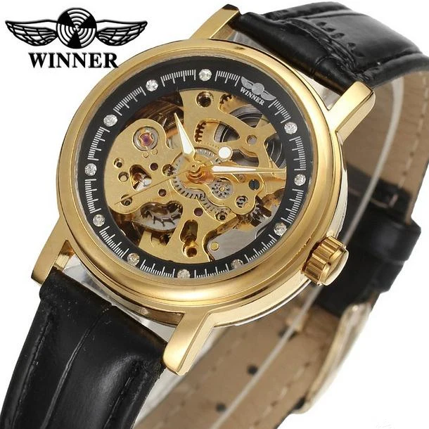 Gold Case Black WINNER для женщин Элитный бренд Скелет из натуральной кожи ремешок женские часы автоматические механические наручные часы Подарочная коробка Relogio relegs - Цвет: Gold Case Black