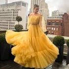 ТРАПЕЦИЕВИДНОЕ желтое женское платье для выпускного вечера, плиссированные вечерние платья с открытыми плечами, официальное платье из фатина, индивидуальный пошив