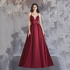 Атласное платье для выпускного FDHAOLU бордового цвета ТРАПЕЦИЕВИДНОЕ ПЛАТЬЕ на тонких бретелях V-образный вырез шикарное вечернее платье Vestido De