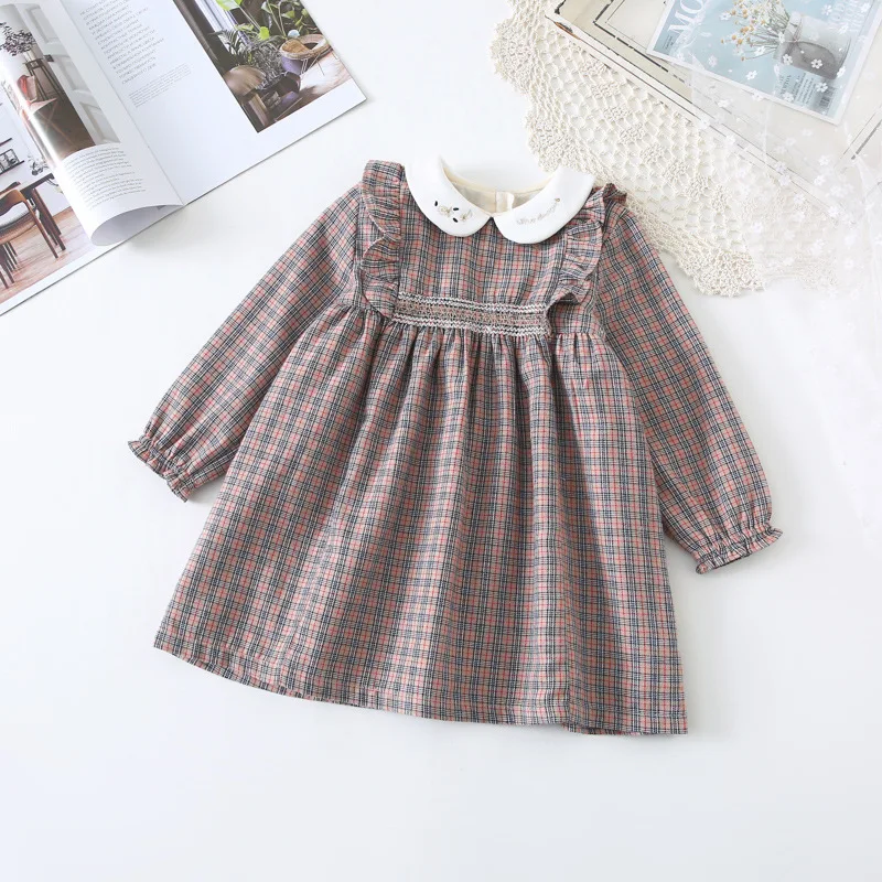 Spring New Arrival korean style cotton plaid long sleeve princess dress with letters embroidered collar for cute sweet baby girl | Детская