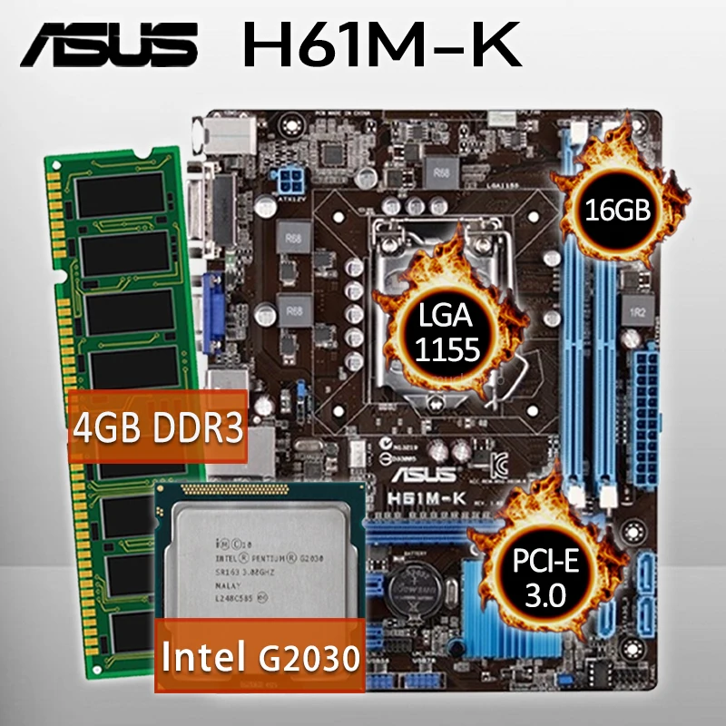 Asus H61M-K материнская плата с Intel Pentium G2030 + 4 Гб DDR3 Материнская Combo H61 Игровая