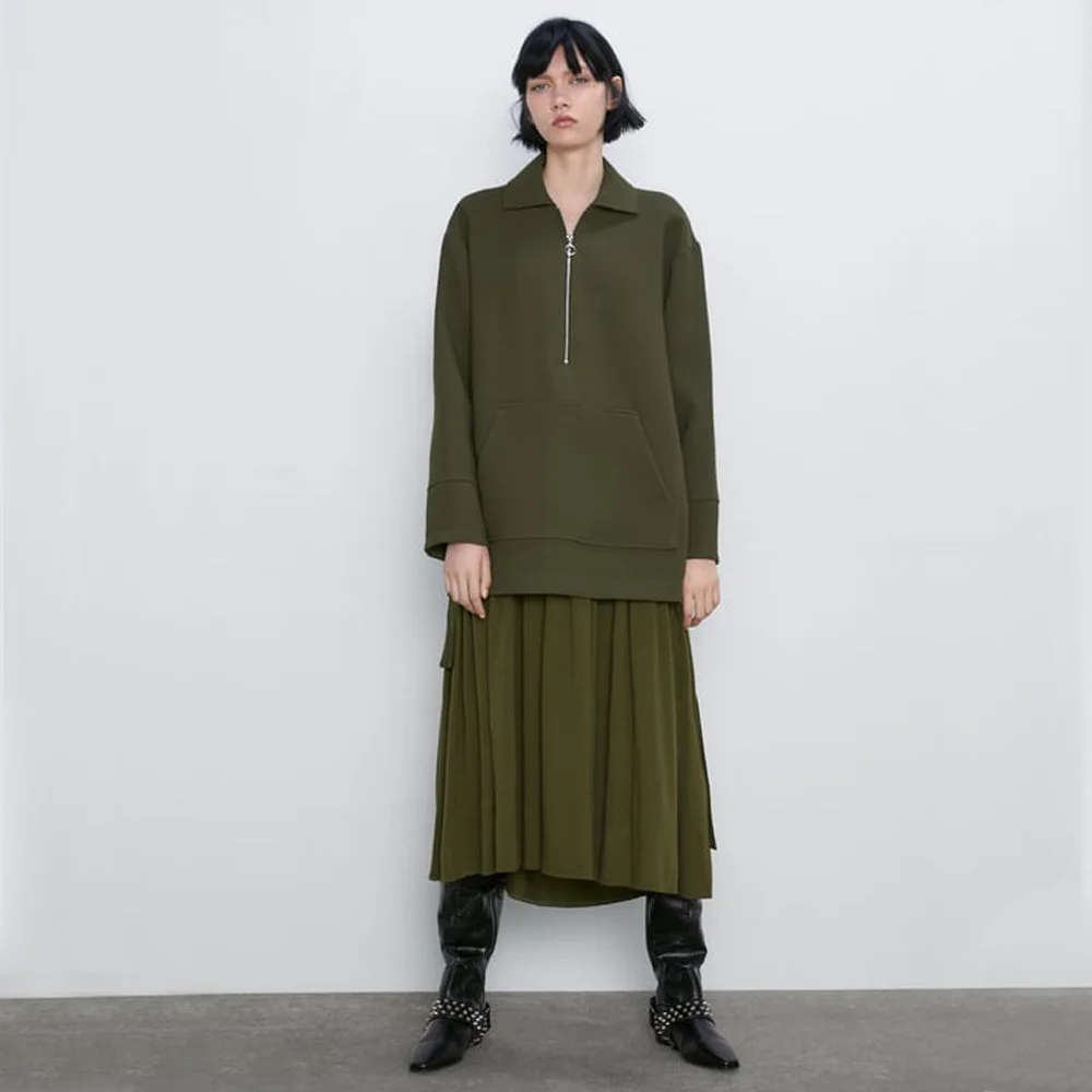 ZA 2019 осень зима новый армейский зеленый пуловер пальто Европейская американская