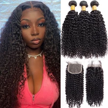 Kinky Curly Bundles With Closure Malaysian Curly Hair 3 Bundles with Lace Closure 4x4 Virgin Human Hair Extensions Natural Color