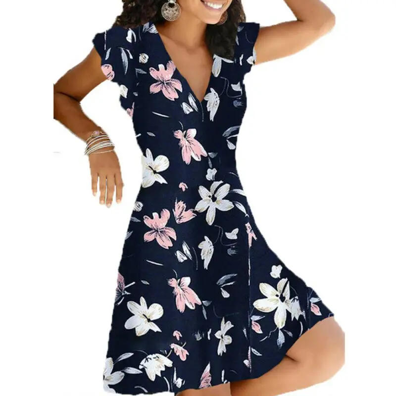 

Summer Women V-Neck Mini Dress Lady Short Sleeve Floral Party Beach Short Dress