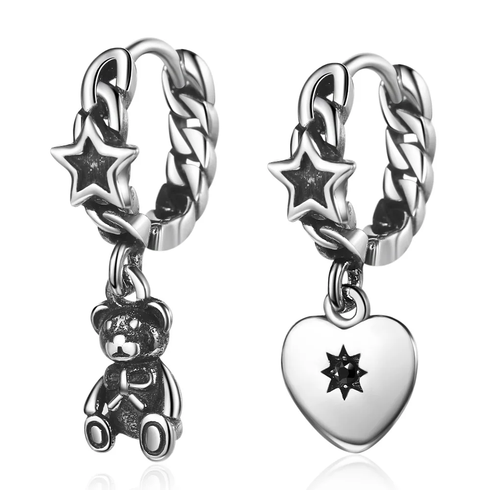 

New 925 Sterling Silver Sweet Bear Animal Love Heart Ladies Asymmetry Tassel Stud Earrings for Women Jewelry Christmas Gift
