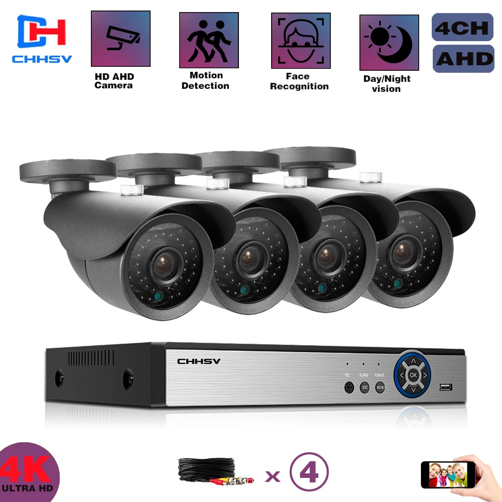 

CHHSV H.265 4K CCTV Camera System 4CH DVR 4*8MP Face Detection Camera 4CH 6 in 1 DVR Infrared AHD Camera Security System Kit