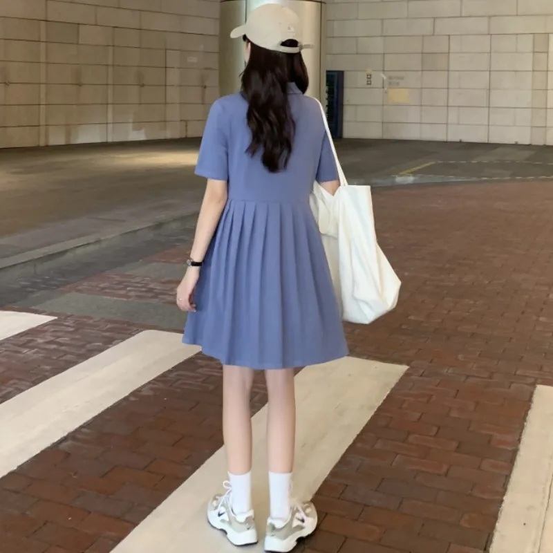 

2021 New Black Elegant Polo Shirt Pleated Skirt Ins Trendy Small Mid-Length Short Sleeve Dress for Women