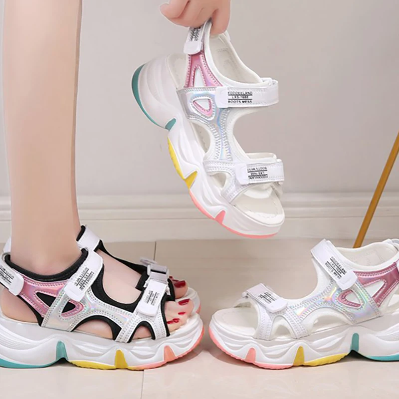 Platform Women Sandals Female Summer New Women Thick Bottom Rainbow Sole Hook & Loop Shoe Wedge With Open Toe Platform Shoes