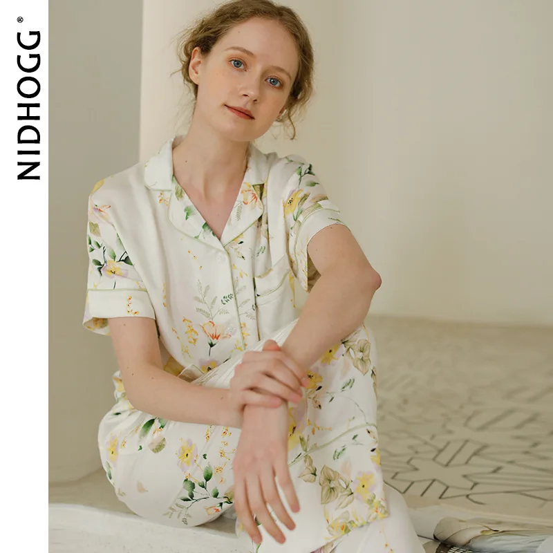 2020 пасторальный стиль атласные лацканы Роза с коротким рукавом пижамы летние