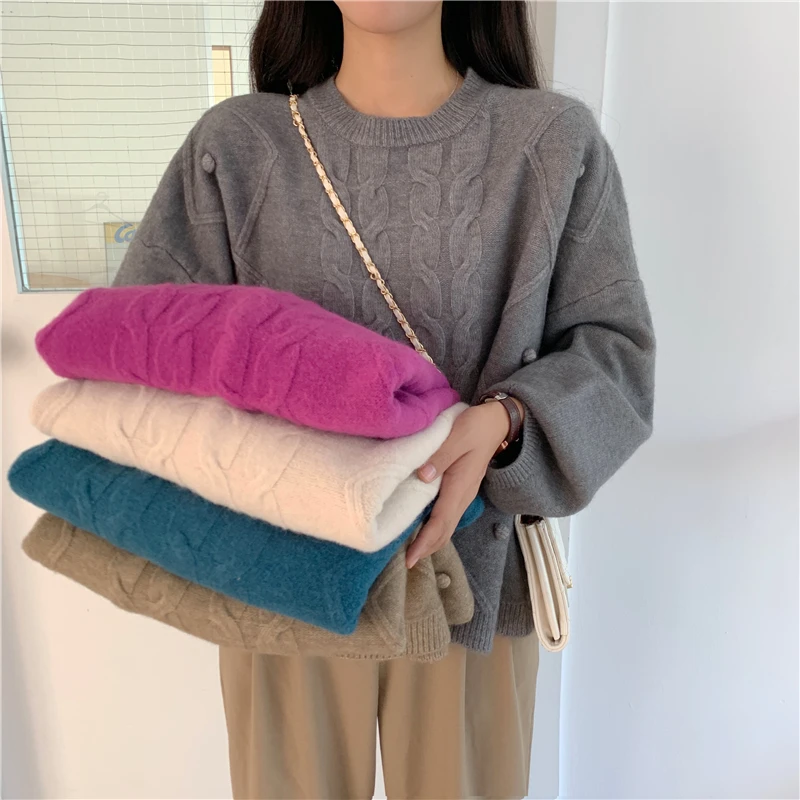 

Thick Twisted Knitted Korean Pullover Sweater Women O-neck Full Sleeve Loose Casual Fashion Jumpers Tops Femme 2021