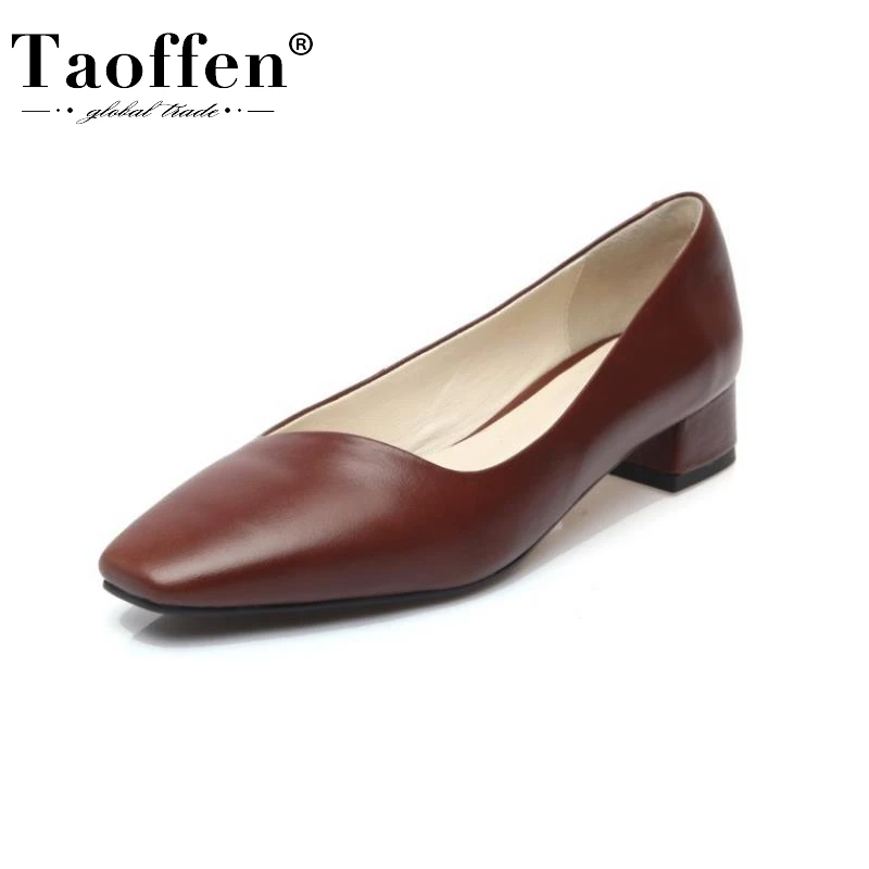 

Taoffen Size 33-40 2021 Women Square Heel Real Leather Shoes Fashion Office Lady Weeding Shoes Low Heel Pumps Soft Footwear