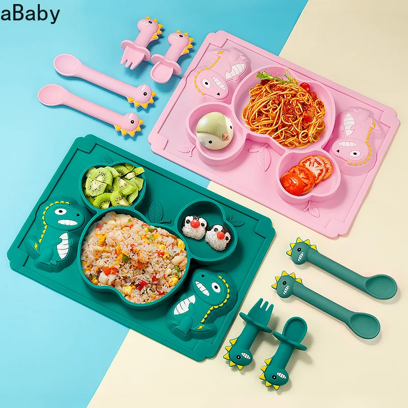 

Baby Silicone Plate Kids Bowl Plates Dinosaur Cartoon Spoon Fork Set Baby Feeding Silicone Bowl Dishes Kids Tableware