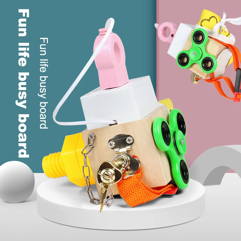 

Деревянная детская доска Монтессори, куб для занятий базовыми жизненными навыками, разблокированная Развивающая игра, подарок, Детские сен...