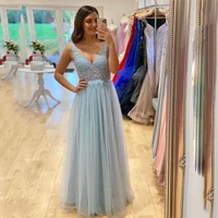 2022 elegant a line blue lace appliques tulle prom dress hot sale v neck see through evening dress plus size beading party dress