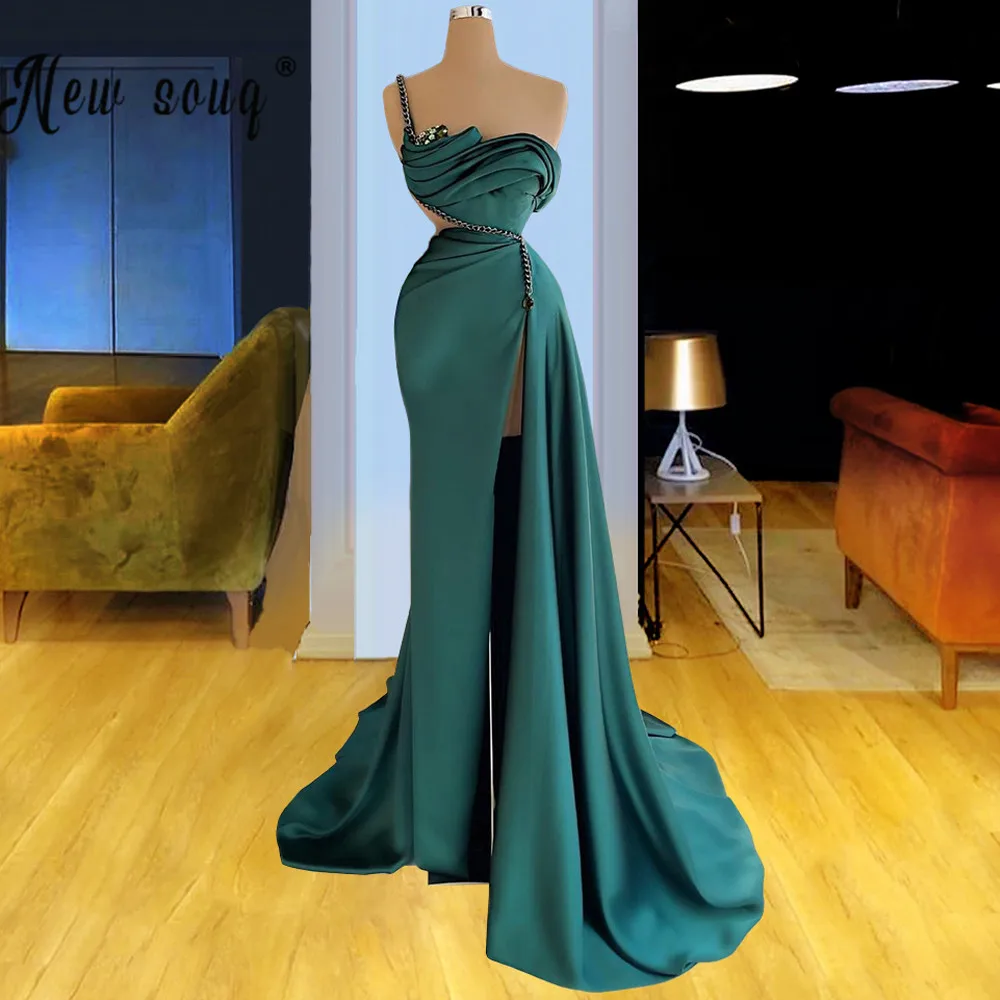 

Straps Emerald Green Evening Dress Mermaid High Split Side Prom Party Gowns Backless Celebrity Dresses Beads Custom Made