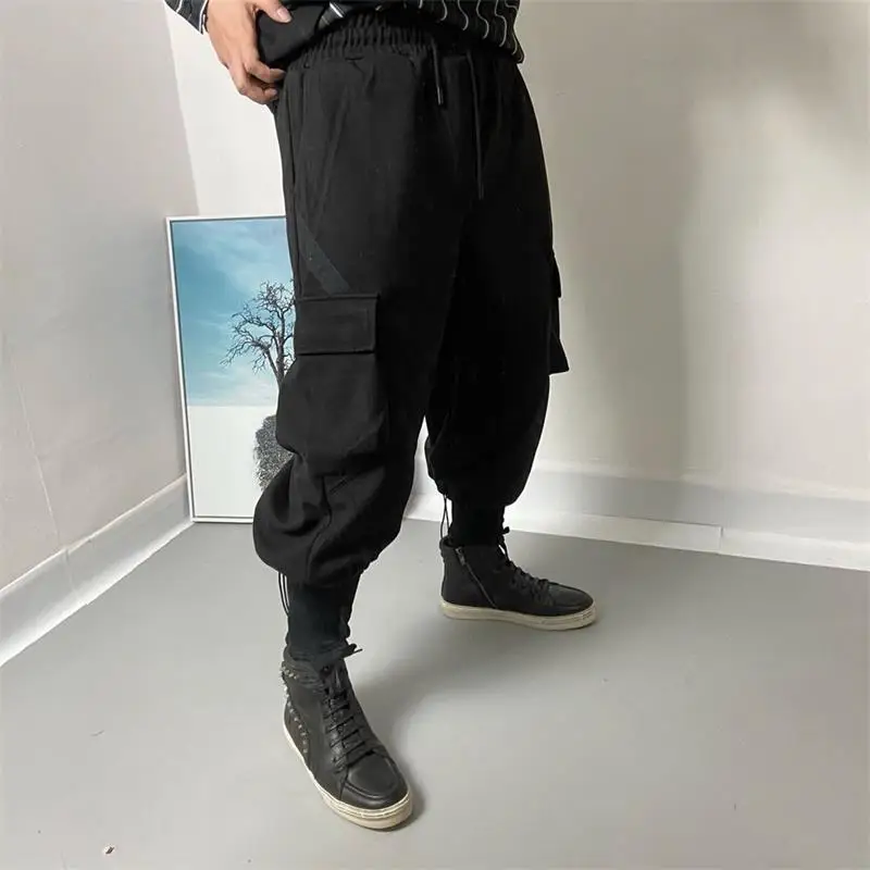 Men's Casual Pants Winter Solid Color Stretch Waist Side Pocket Stitching Thick Wide Leg Pants Young Fashion Trend Radish Pants
