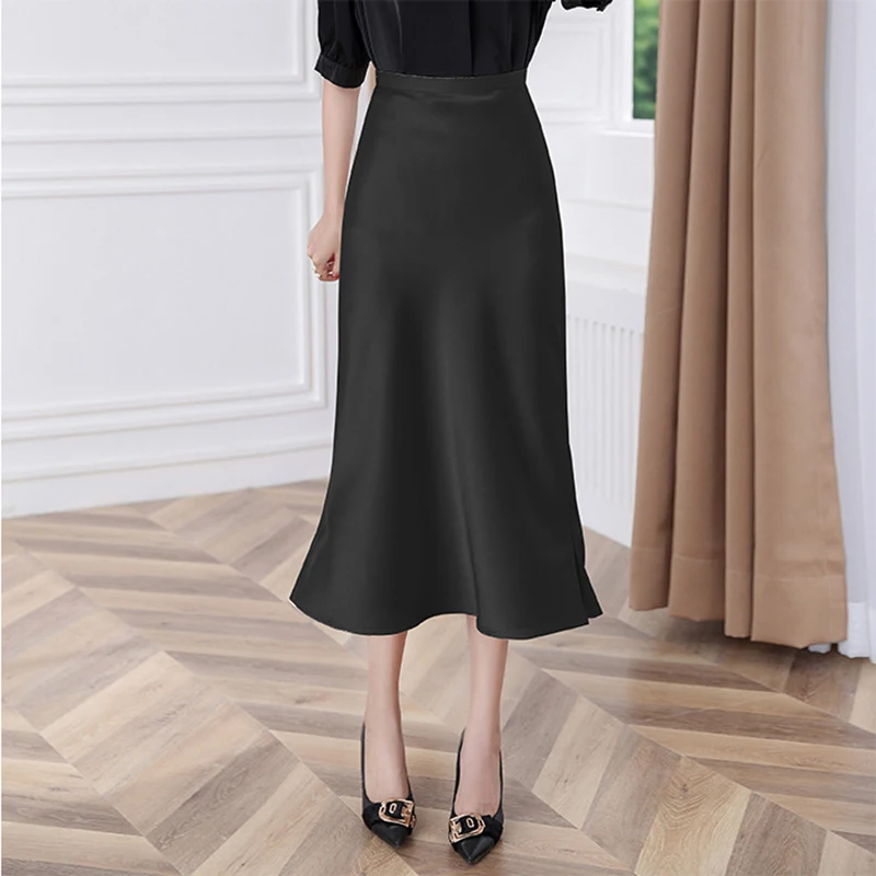 

Retro 2021New High Waist Side Slit Satin Skirt Like Silk Fashion Women Elastic Slim A-Line Wrap Buttock Mid Skirt Femm
