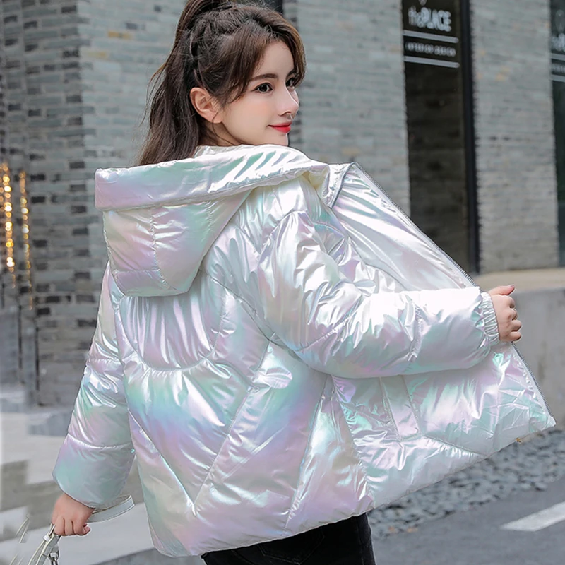 

Women Thick Winter Coat Fashion Glossy Hooded Short Cotton Padded Parka Female Windbreaker Outerwear Harajuku Puffer Jackets