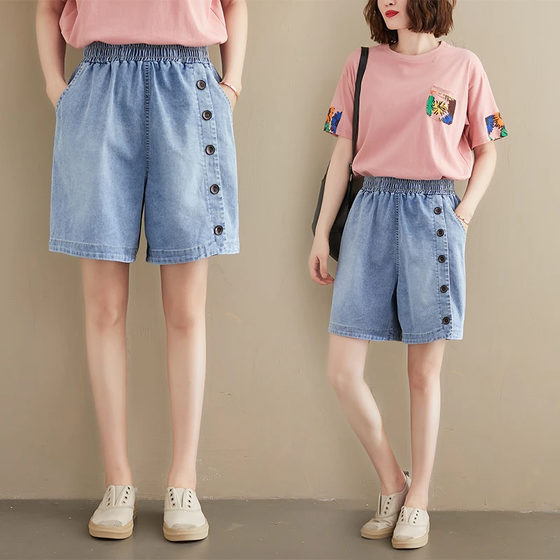 

В Корейском стиле; Модные синие джинсы шорты женская летняя обувь размера плюс с высокой талией широкие джинсы потертые мешковатые шорты шт...